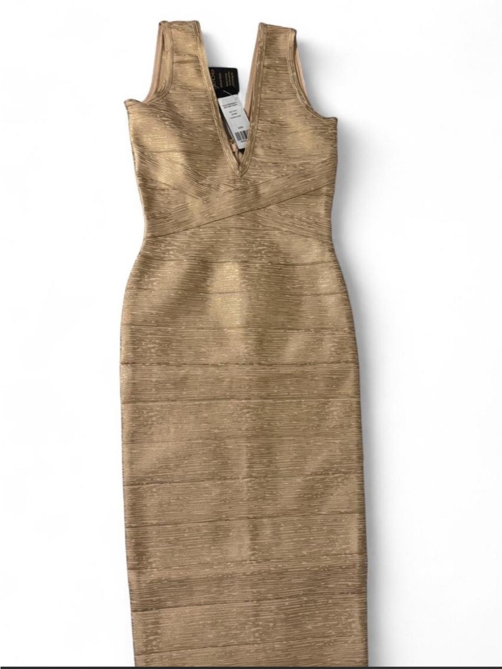 bebe Metallic Gold Textured V-Neck Midi Dress